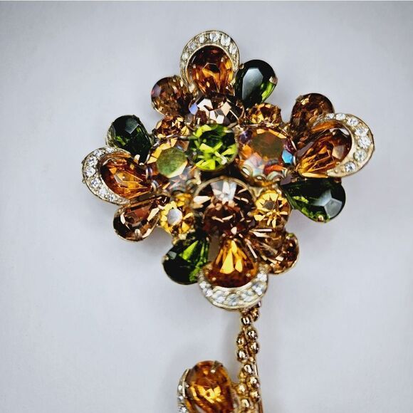 Vintage Large Rhinestone Amber Floral Flower Brooch Pin Juliana Weiss Kramer - Picture 4 of 16